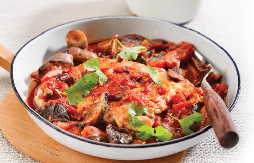 Tomato and olive chicken with almond couscous