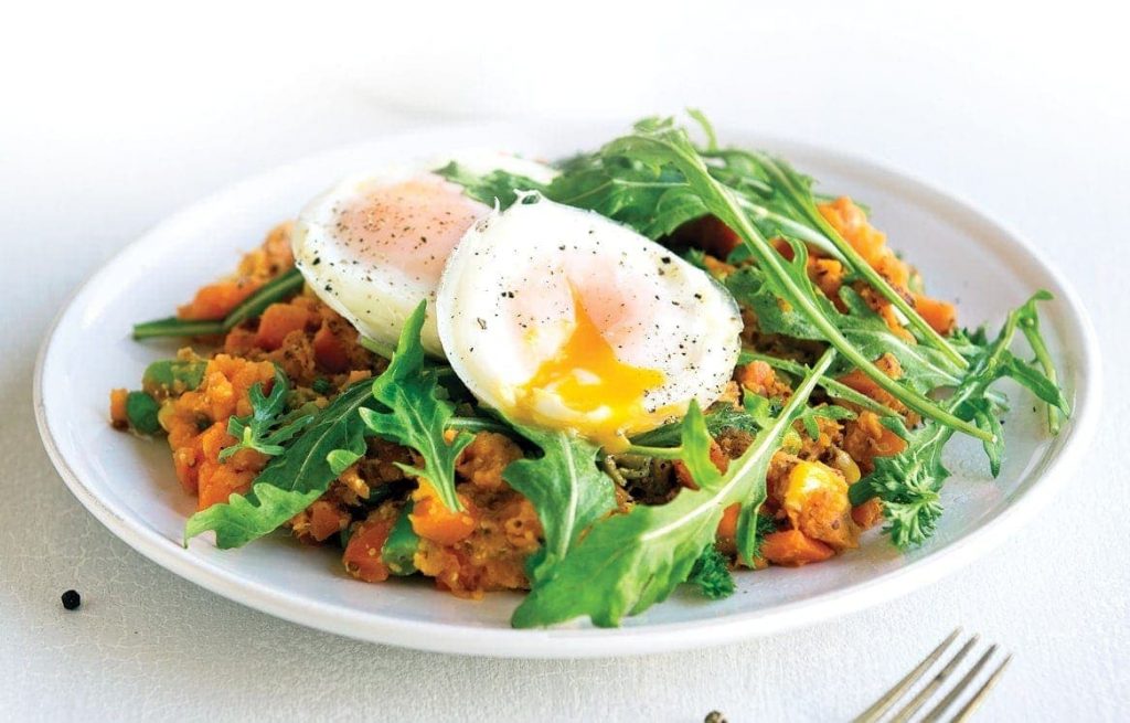 Vegie sweet potato hash with rocket and poached eggs Vegie sweet potato hash with rocket and poached eggs