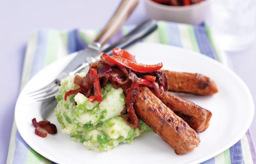Vegetarian sausages with balsamic onions and pea mash
