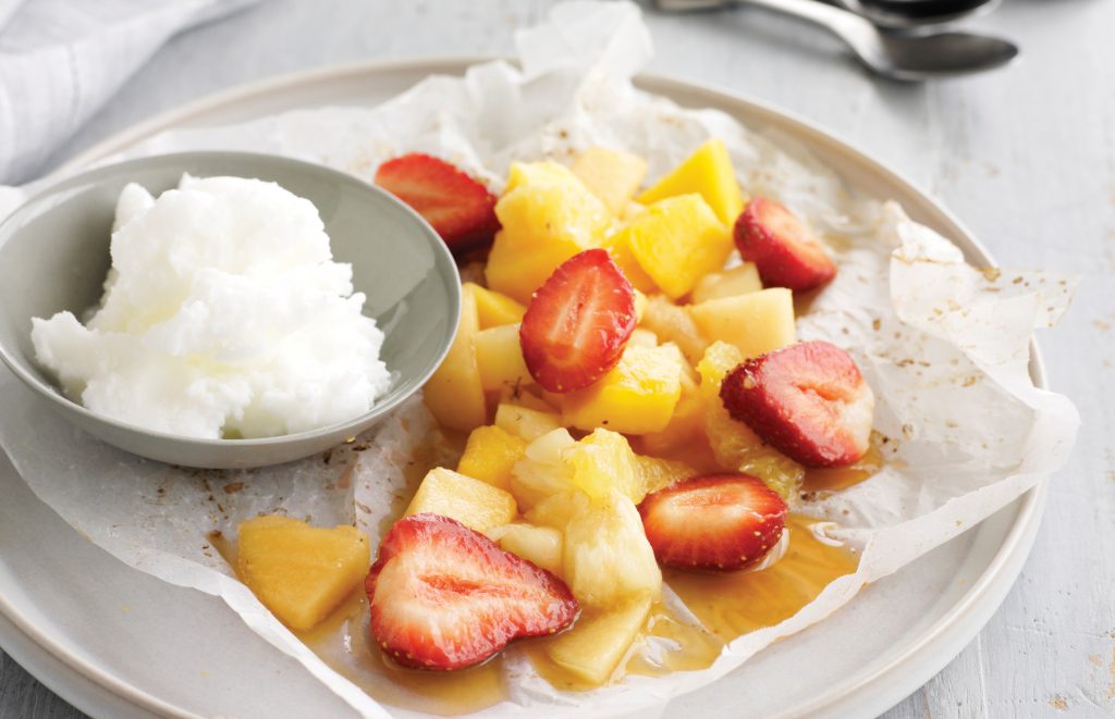 Warm fruit parcels with lemon sorbet Warm fruit parcels with lemon sorbet