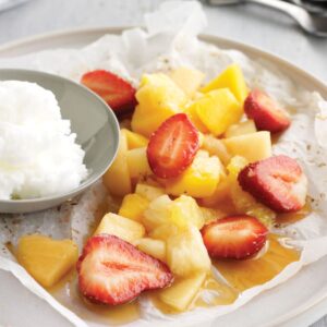 Warm fruit parcels with lemon sorbet