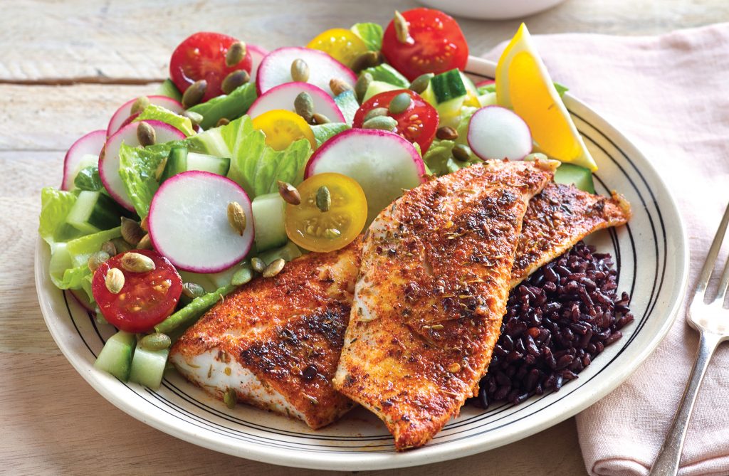 Cajun fish on black rice salad Cajun fish on black rice salad