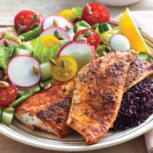 Cajun fish on black rice salad