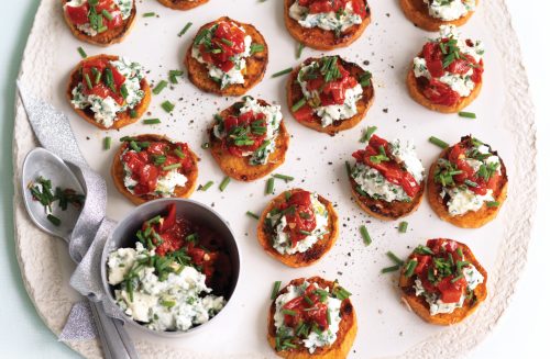Roasted kumara with herb ricotta and capsicum salsa