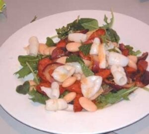Rocket, white bean, squid and chorizo salad