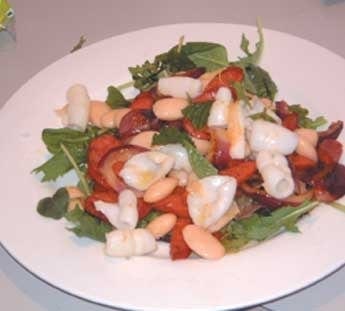 Rocket, white bean, squid and chorizo salad