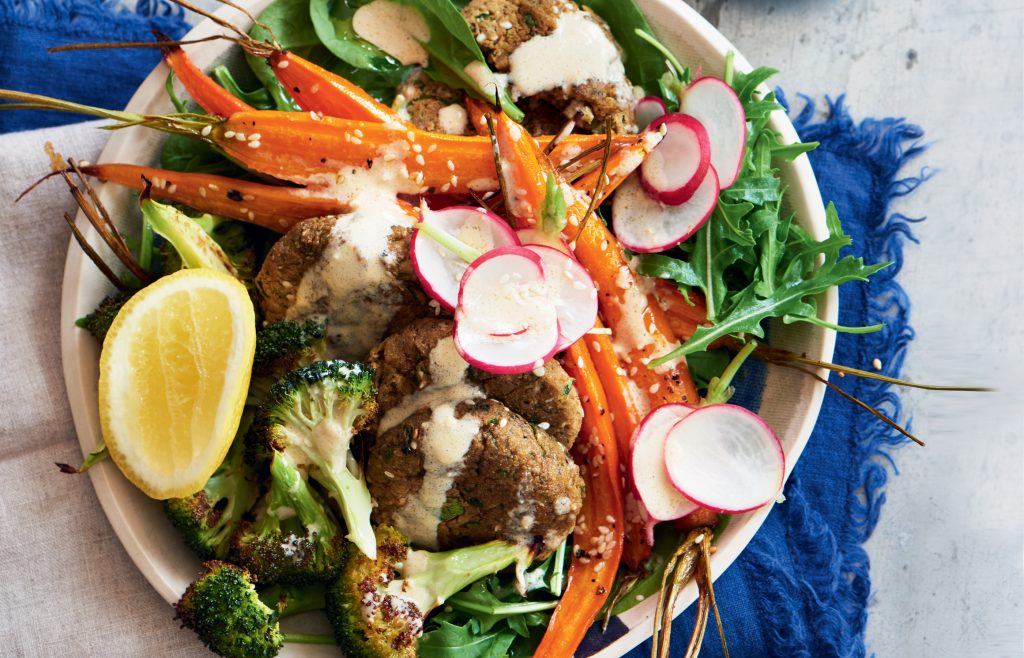 Baked falafel, roasted carrot and broccoli abundance bowl Baked falafel, roasted carrot and broccoli abundance bowl
