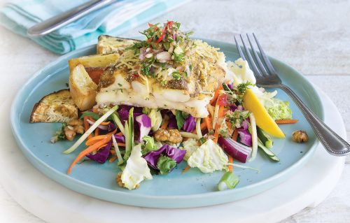 Baked fish with slaw and potatoes