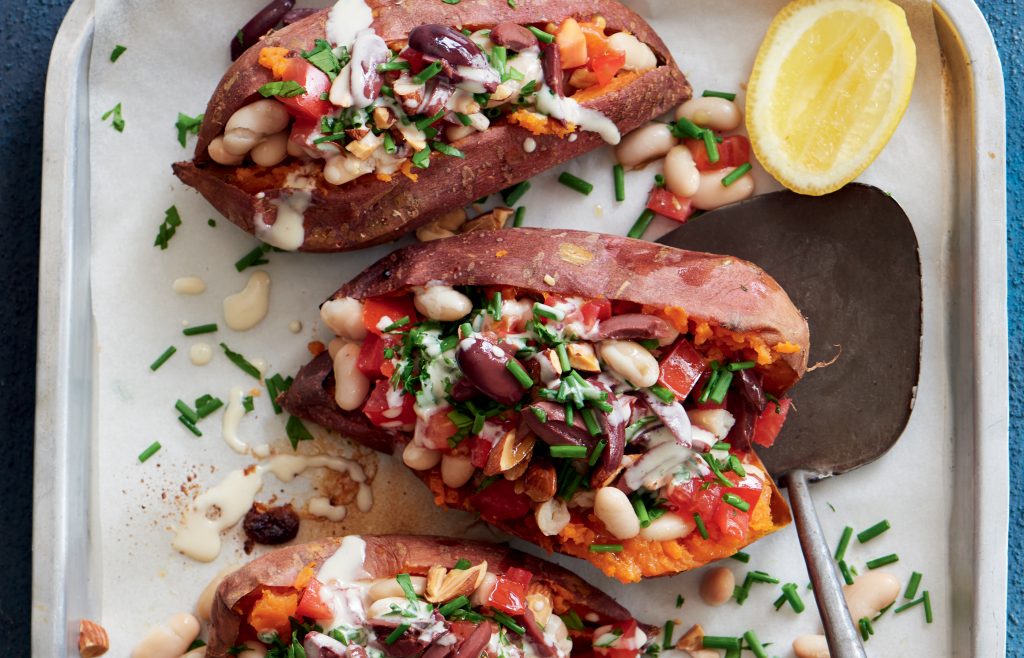 Baked sweet potato with white beans and olives
