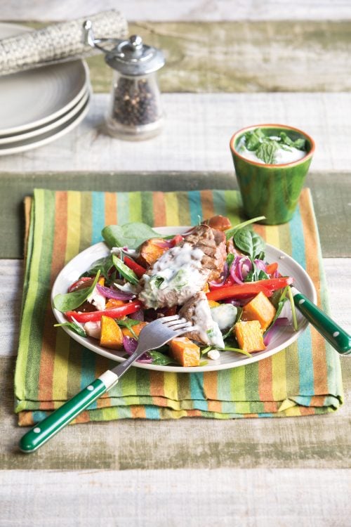 Barbecued lamb, kumara and caramelised red onion salad
