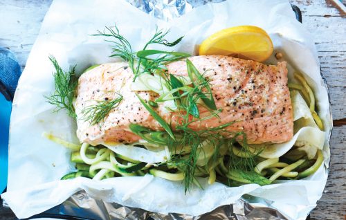 Barbecued salmon and veg parcels