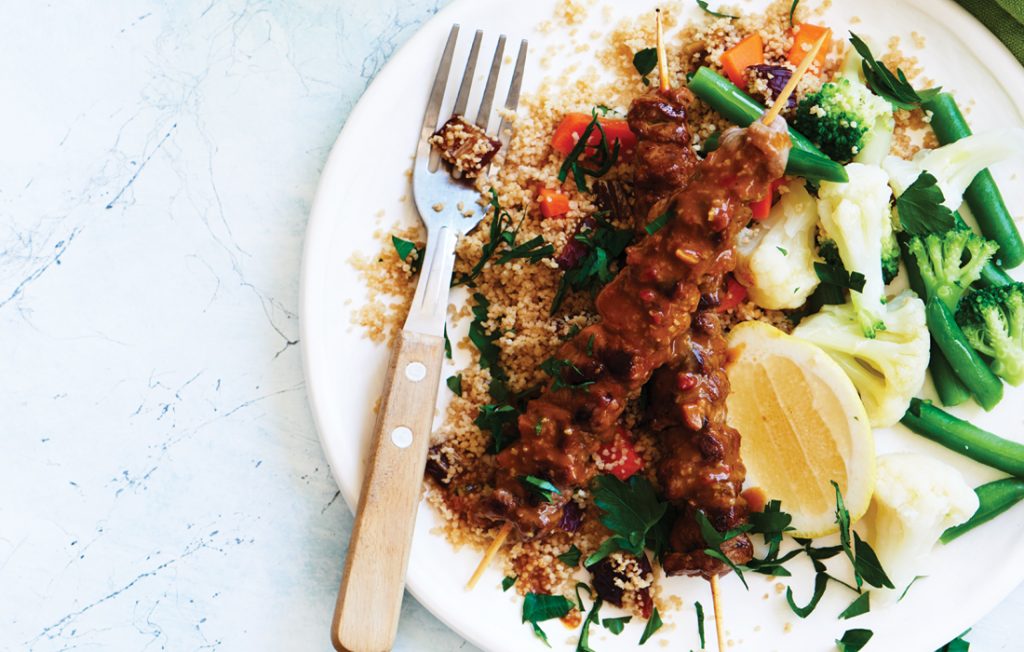 Beef satay skewers with date and parsley couscous Beef satay skewers with date and parsley couscous