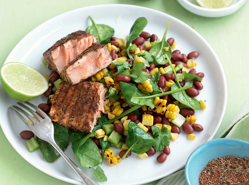 Blackened salmon with sweet corn and bean salad Blackened salmon with sweet corn and bean salad