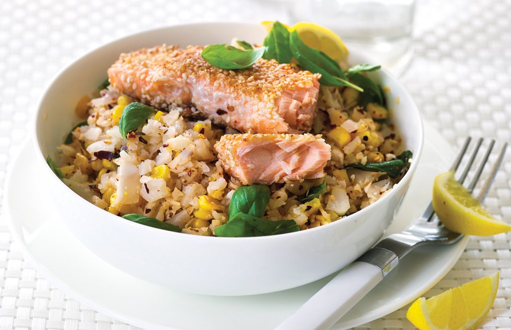 Cauliflower couscous with corn and sesame salmon Cauliflower couscous with corn and sesame salmon