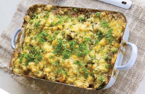 Chicken and mushroom potato-topped pie