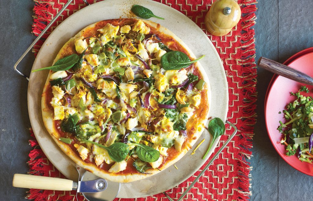 Chicken and three-cheese pizza