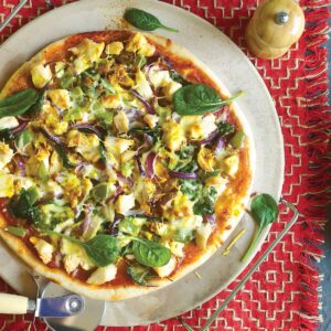 Chicken and three-cheese pizza