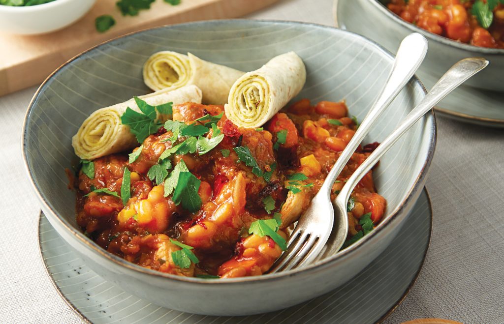 Chicken cassoulet with pesto pinwheel tortillas Chicken cassoulet with pesto pinwheel tortillas