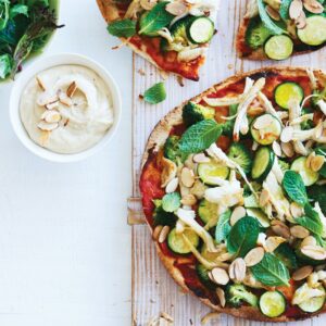 Chicken, courgette, mint and almond pizza