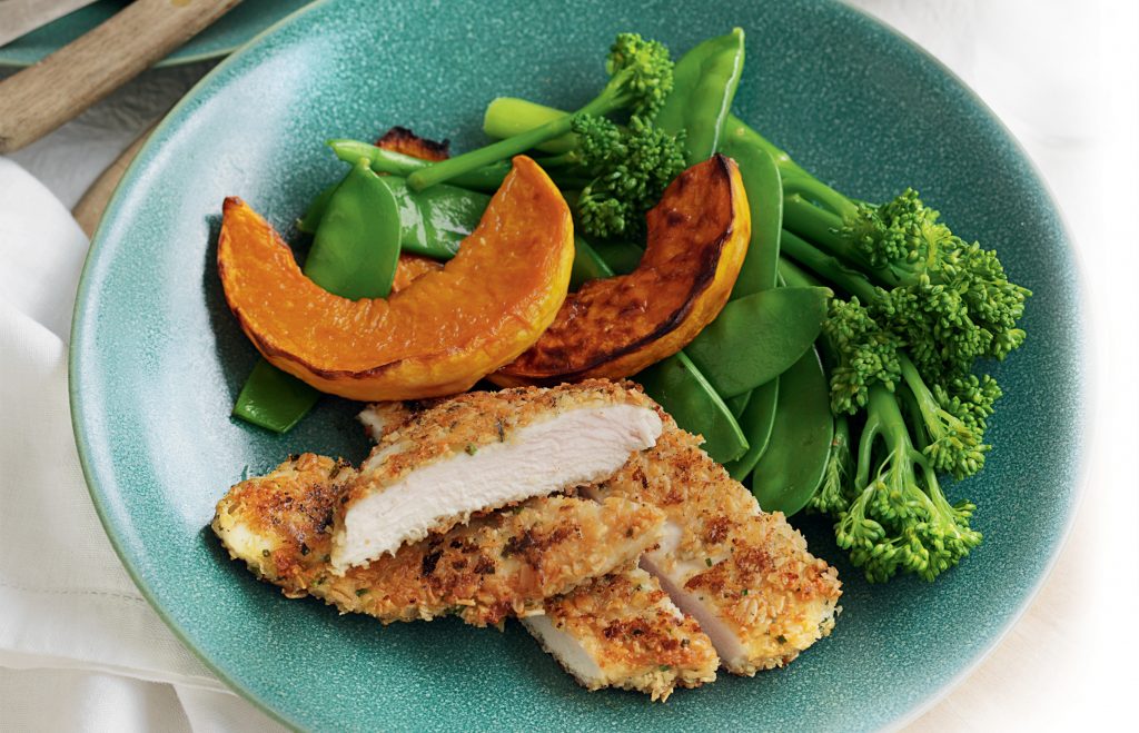 Chicken schnitzel, pumpkin and steamed greens