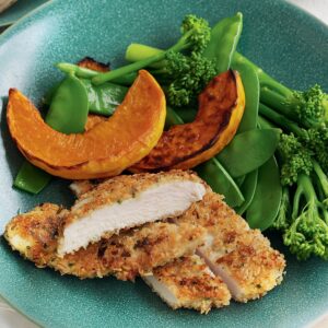 Chicken schnitzel, pumpkin and steamed greens