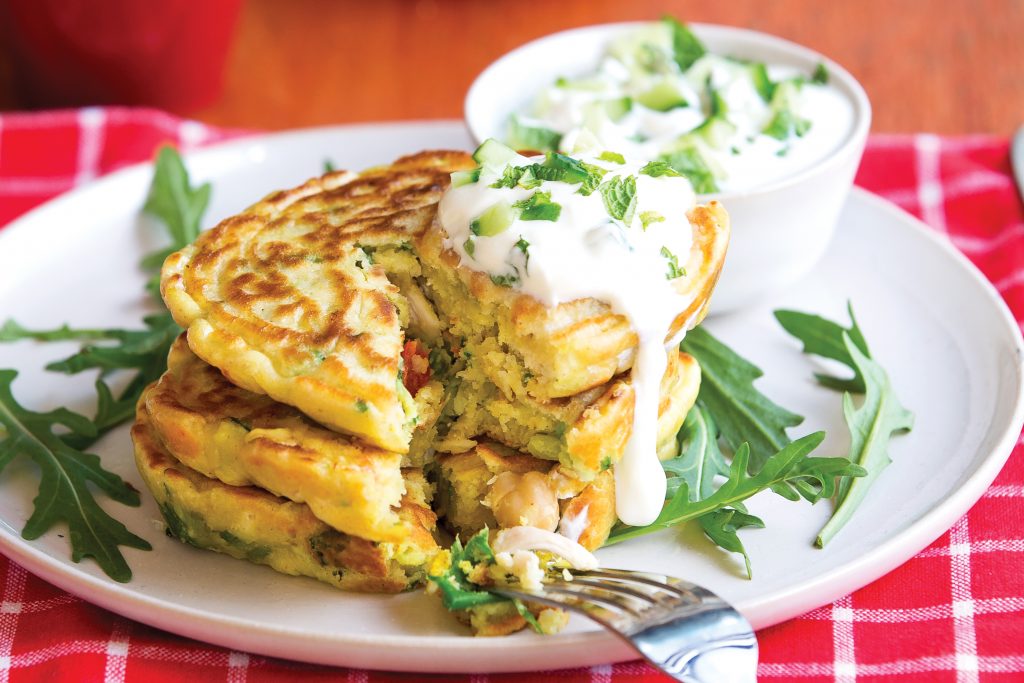 Chickpea and chicken curry fritters with yoghurt raita
