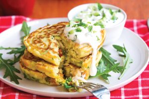 Chickpea and chicken curry fritters with yoghurt raita