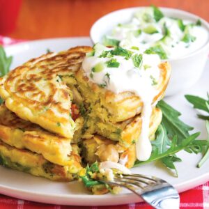 Chickpea and chicken curry fritters with yoghurt raita