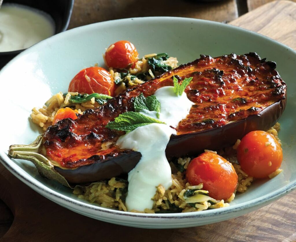 Chilli and miso baked eggplant on rice pilaf Chilli and miso baked eggplant on rice pilaf