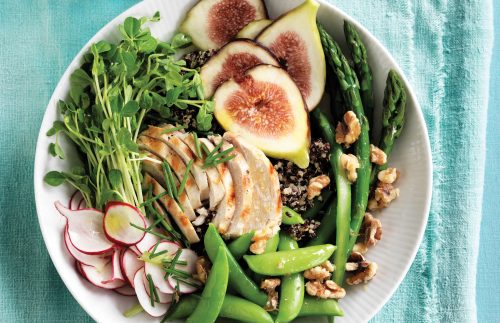 Chopped chicken, quinoa, fig and walnut bowl