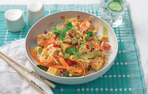 Cold rice noodle salad with crunchy veges, tempeh and honey-peanut dressing