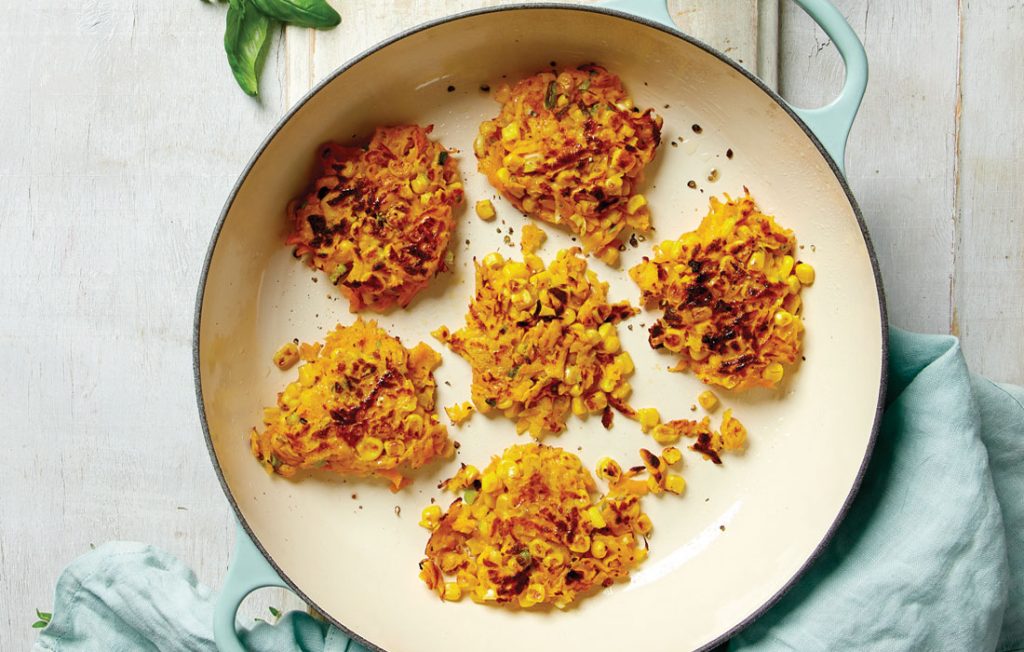Corn and pumpkin fritters with herby hummus Corn and pumpkin fritters with herby hummus