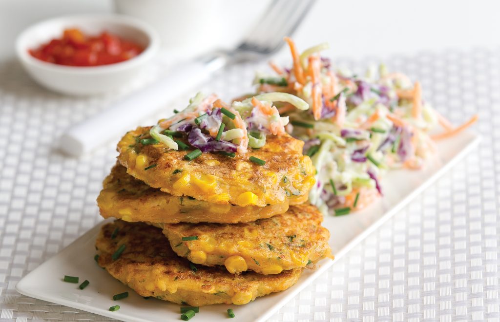 Corn, prawn and courgette fritters Corn, prawn and courgette fritters