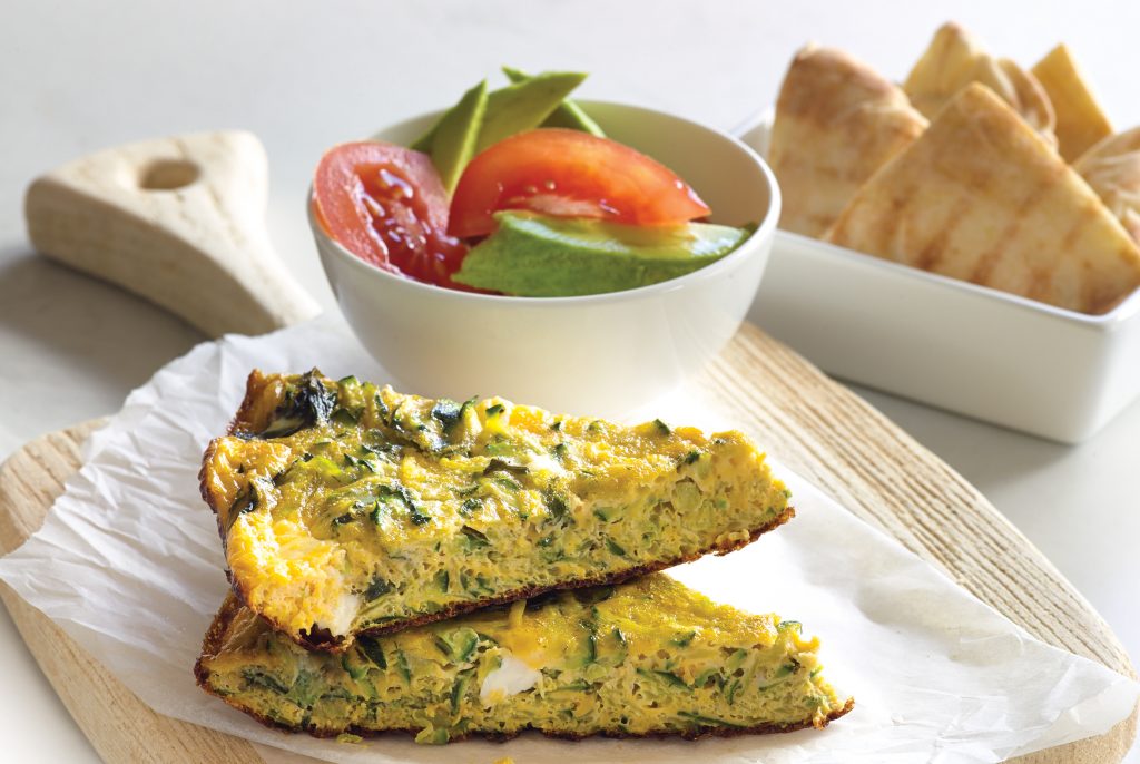 Courgette, mint and feta omelette with pita wedges Courgette, mint and feta omelette with pita wedges