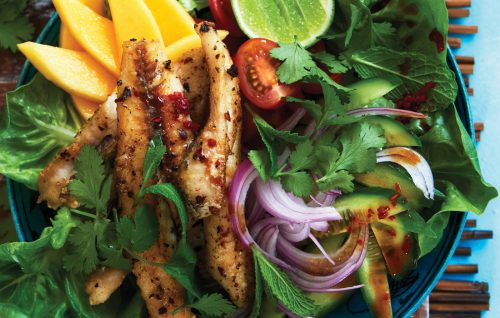 Crispy fish, mango and chilli salad