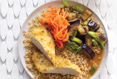 Crispy katsu chicken with braised eggplant and quick carrot pickle