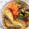 Crispy katsu chicken with braised eggplant and quick carrot pickle