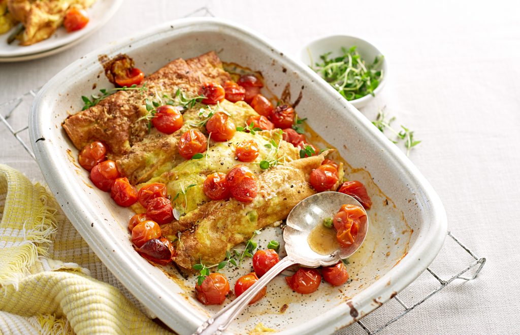 Egg cannelloni with creamy spring veges and roast tomato sauce Egg cannelloni with creamy spring veges and roast tomato sauce