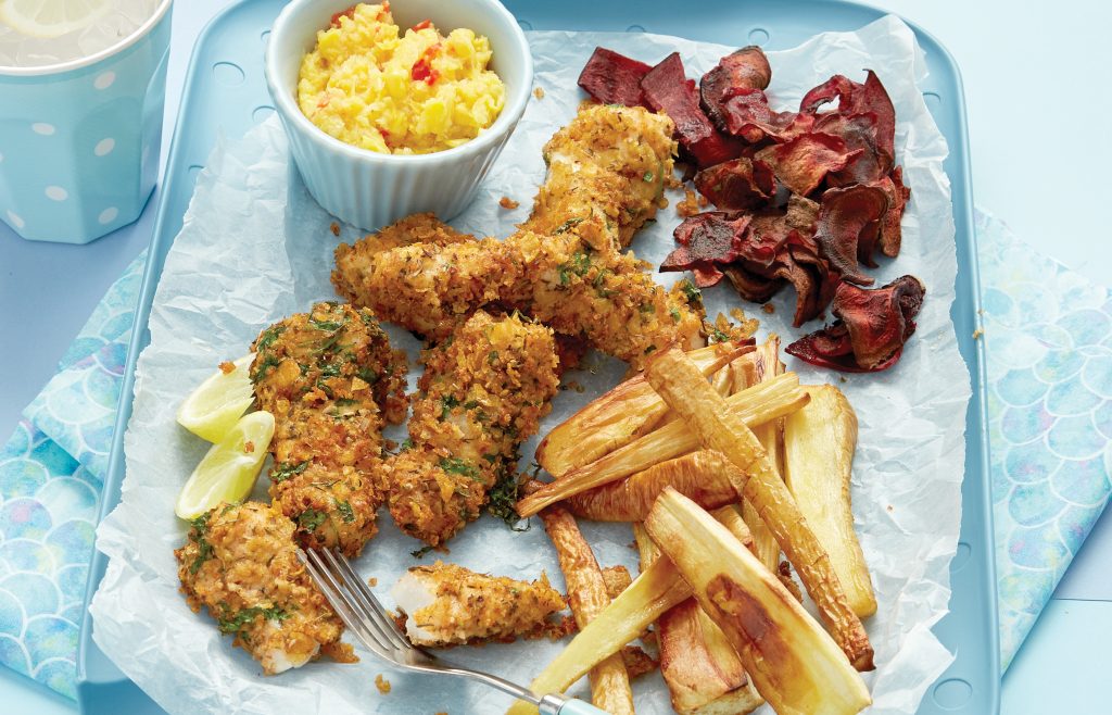 Fish fingers with vege chips and sweet relish Fish fingers with vege chips and sweet relish