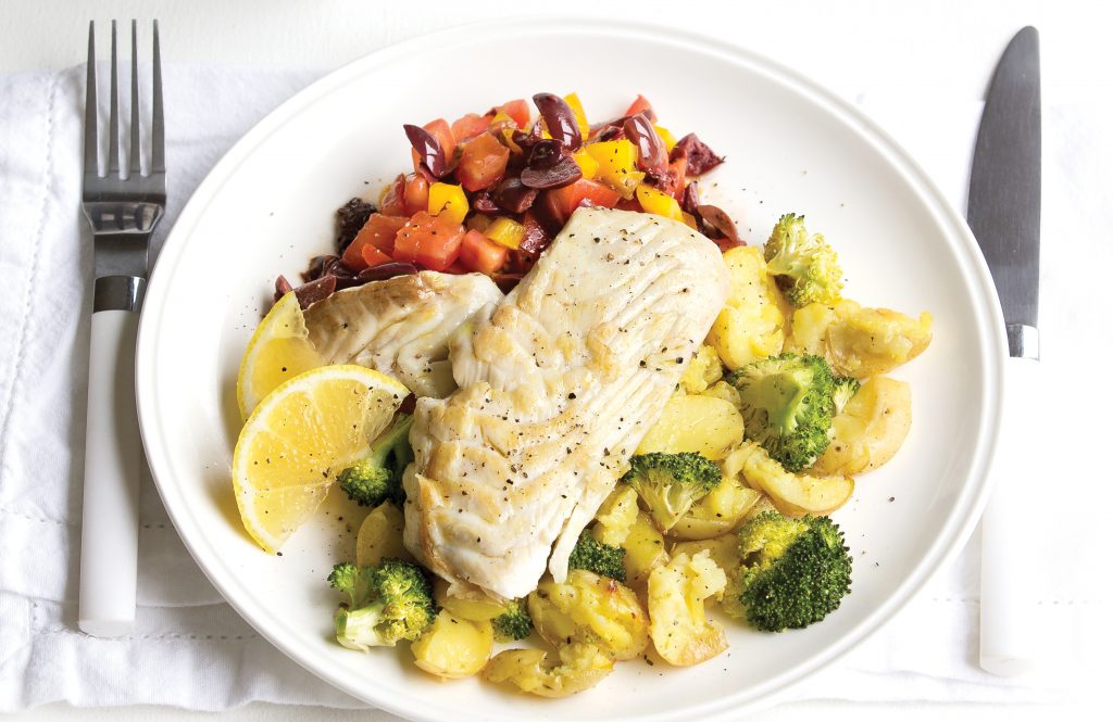 Fish with crushed potatoes and olive salad Fish with crushed potatoes and olive salad