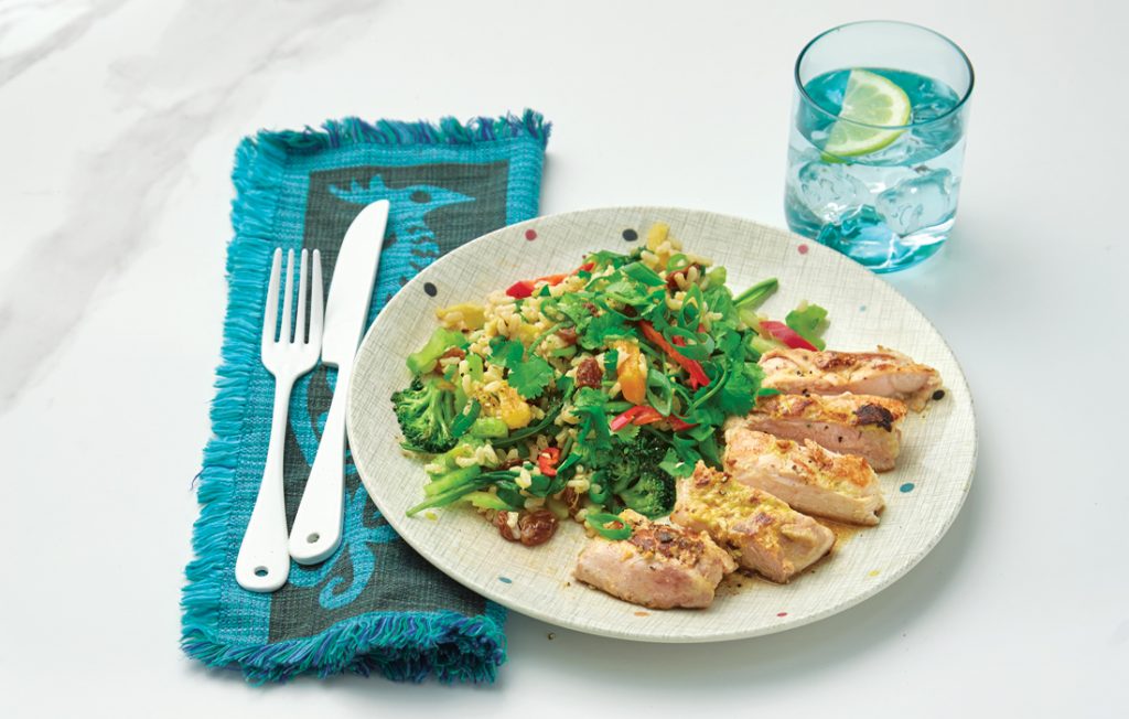 Fruity rice salad with grilled mustard chicken