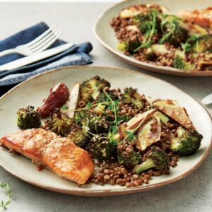Ginger miso salmon and crispy kumara