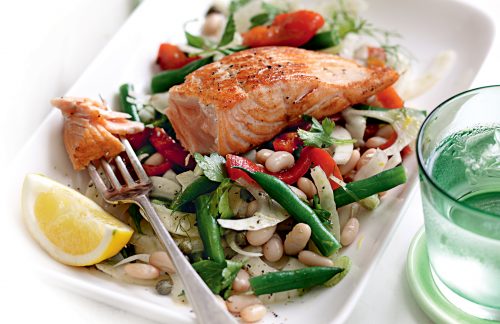 Grilled salmon with mixed bean and fennel salad