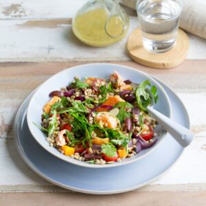 Grilled salmon with sweet barley salad