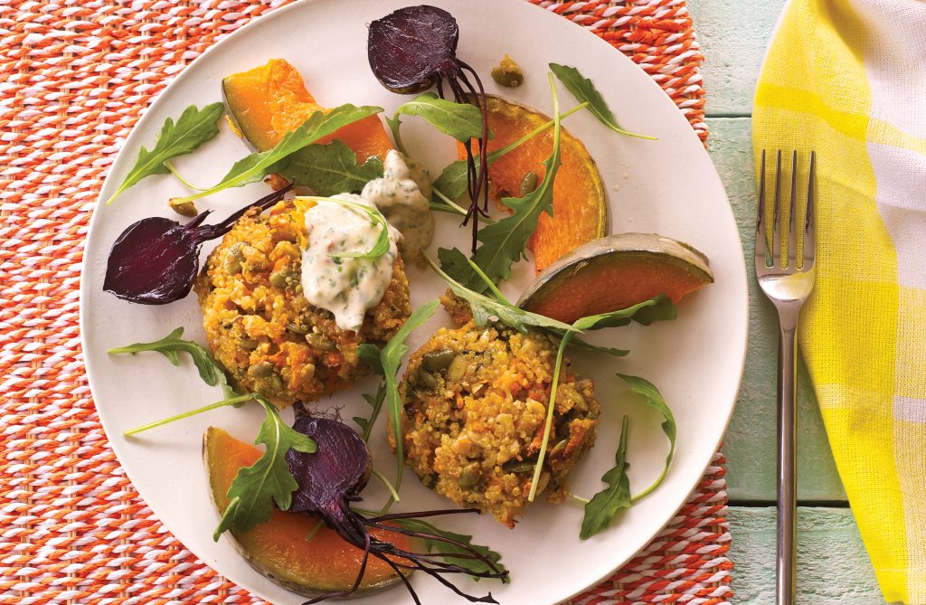 Herby quinoa savoury cakes with spicy dressing Herby quinoa savoury cakes with spicy dressing