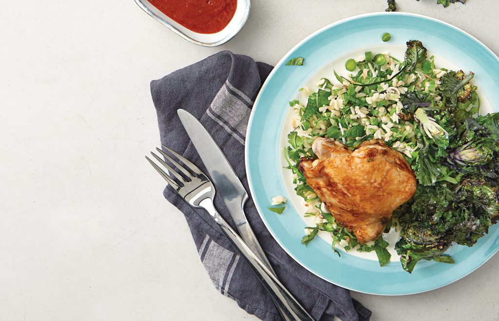 Herby rice salad with grilled chicken and kalettes