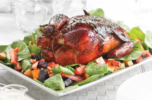 Honey-glazed chicken with apricot and kaffir lime stuffing