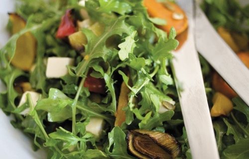Honeyed roasted vegetable, feta and rocket salad