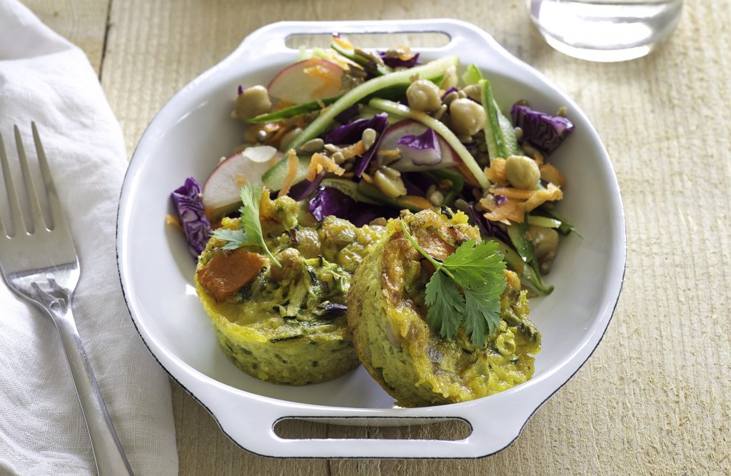 Kumara and chickpea quiches with rainbow salad Kumara and chickpea quiches with rainbow salad