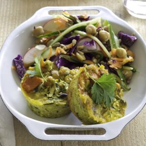 Kumara and chickpea quiches with rainbow salad
